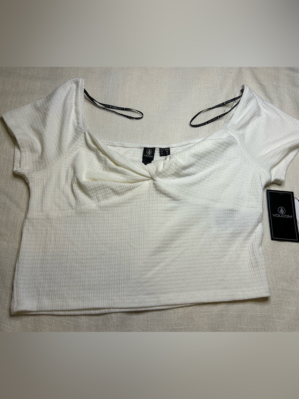 Volcom White Ribbed Off-Shoulder Twist Crop Top